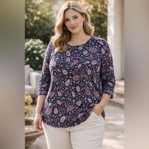 Roz & Ali Floral And Paisley Navy Top With Bell Sleeve XL extra large